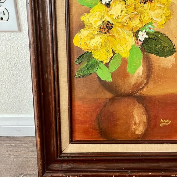 Vintage Original Oil Painting of Yellow Flowers In Vase by Andy 15/26 Framed - Picture 9 of 15